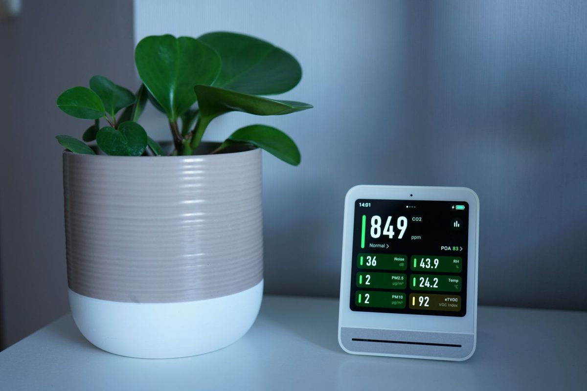 Capteur de qualite atmospherique dans un salon avec plante verte