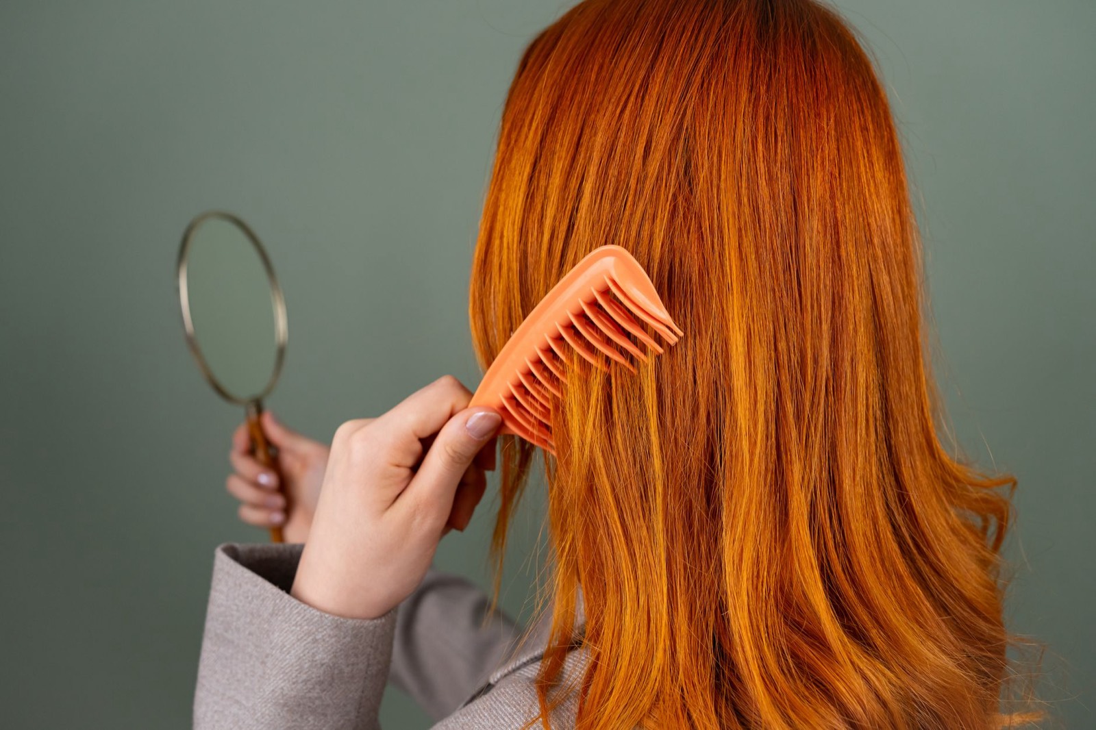 Femme brossant ses cheveux fragilisés devant un miroir